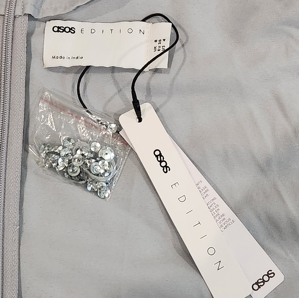 NWT ASOS Size 4 US Sequin Cami Mini Dress with Faux Feather Hem in Ice Blue - Picture 12 of 15